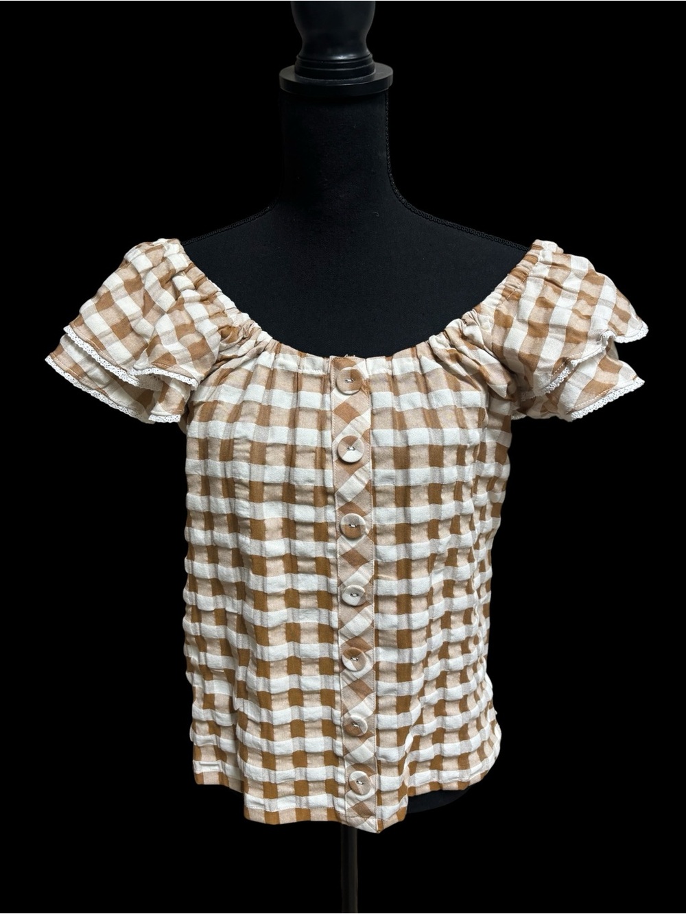 Matilda Jane Brown & White Gingham Off-Shoulder Button Front Top Ruffled Sleeve